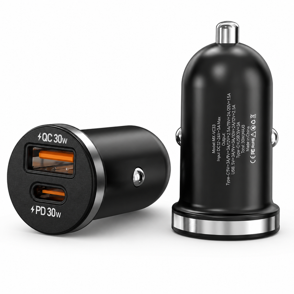מטען מהיר לרכב 30W עם חיבורי USB-C ו-USB