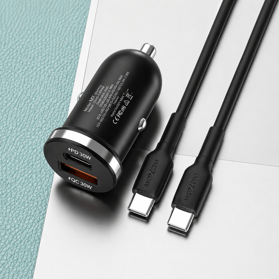 מטען מהיר לרכב 30W עם חיבורי USB-C ו-USB